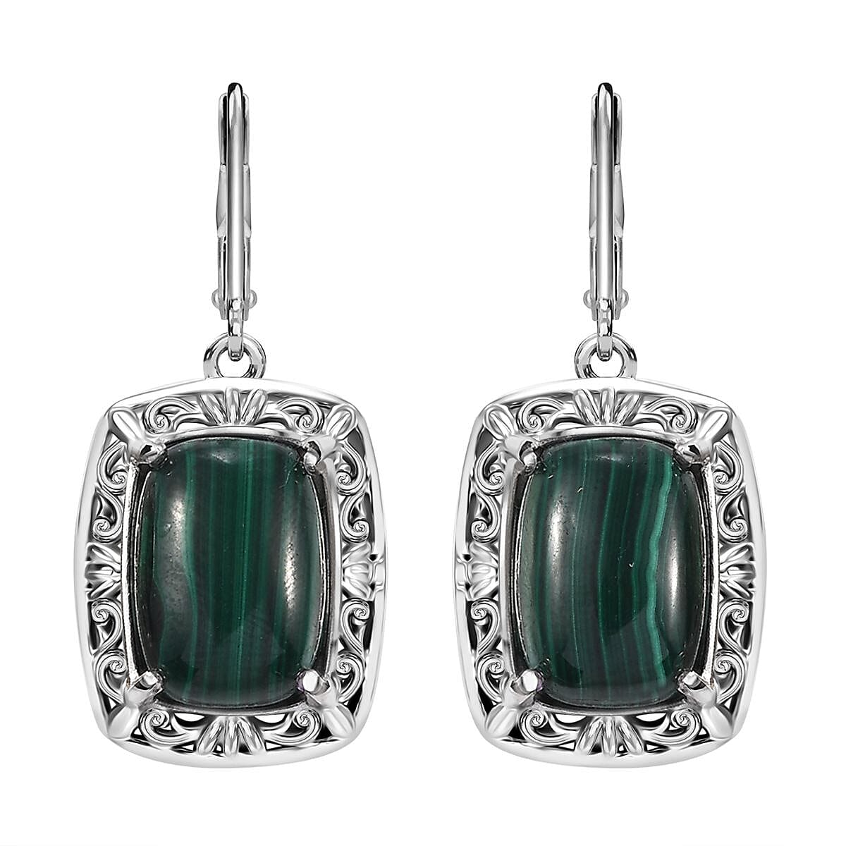 African Malachite 19.70 ctw Lever Back Earrings in Platinum Over Copper