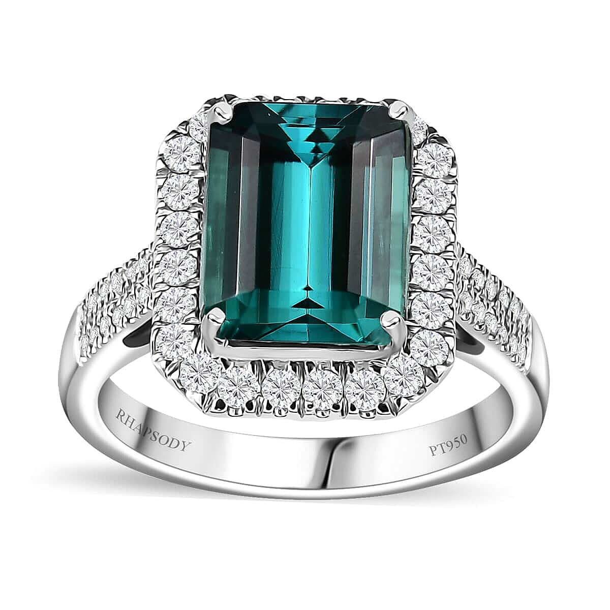 Rhapsody 950 Platinum AAAA Pirineu Lagoon Tourmaline, Diamond (E-F, VS) (0.95 cts) Ring (Size 6.0) 5.50 ctw