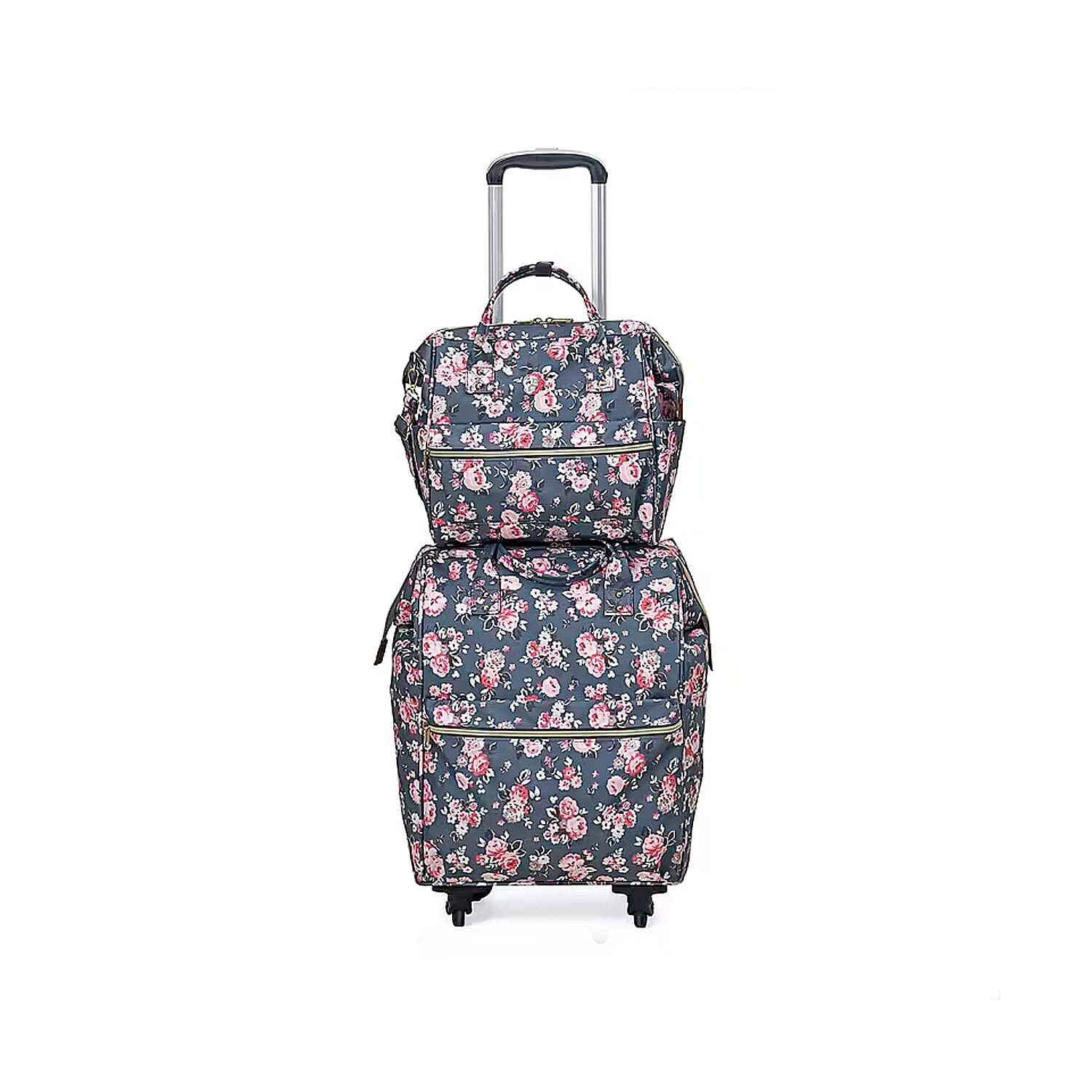 Set of 2 Travel Bags, Gray Flower Backpack with Wheel and Adjustable Handle (13.4"x7.7"x17") and Tote Bag (11.4"x5.9"x11.4")