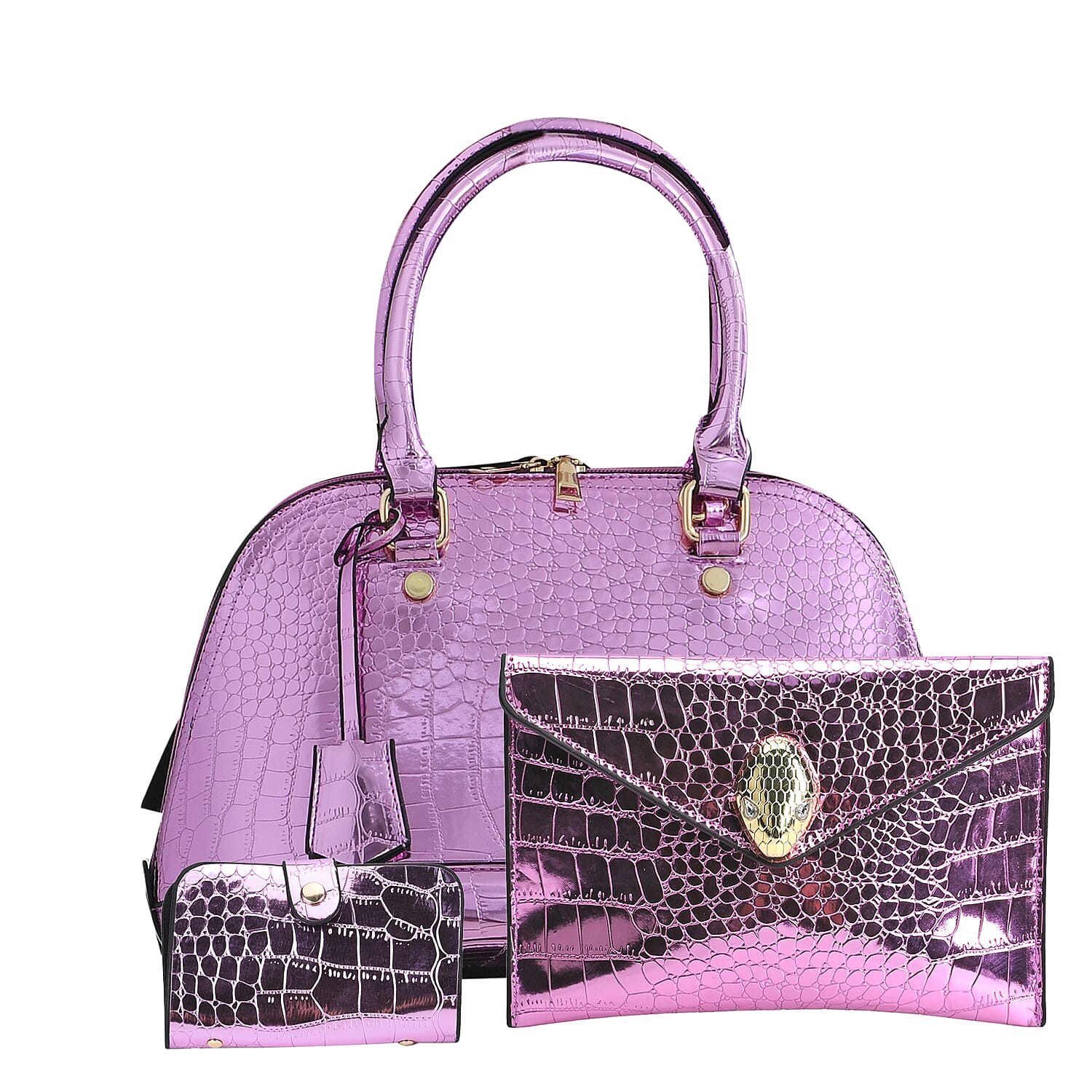 Set of 3 Purple Faux Leather Crocodile Embossed Metallic Shoulder Bag (12.2"x5.9"x8.3"), Crossbody Bag (7.9"x5.3") and Card Holder (4.5"x3")