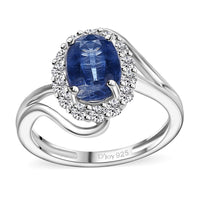 Kashmir Kyanite, Moissanite Bypass Ring in Rhodium Over Sterling Silver (Size 10.0) 2.10 ctw