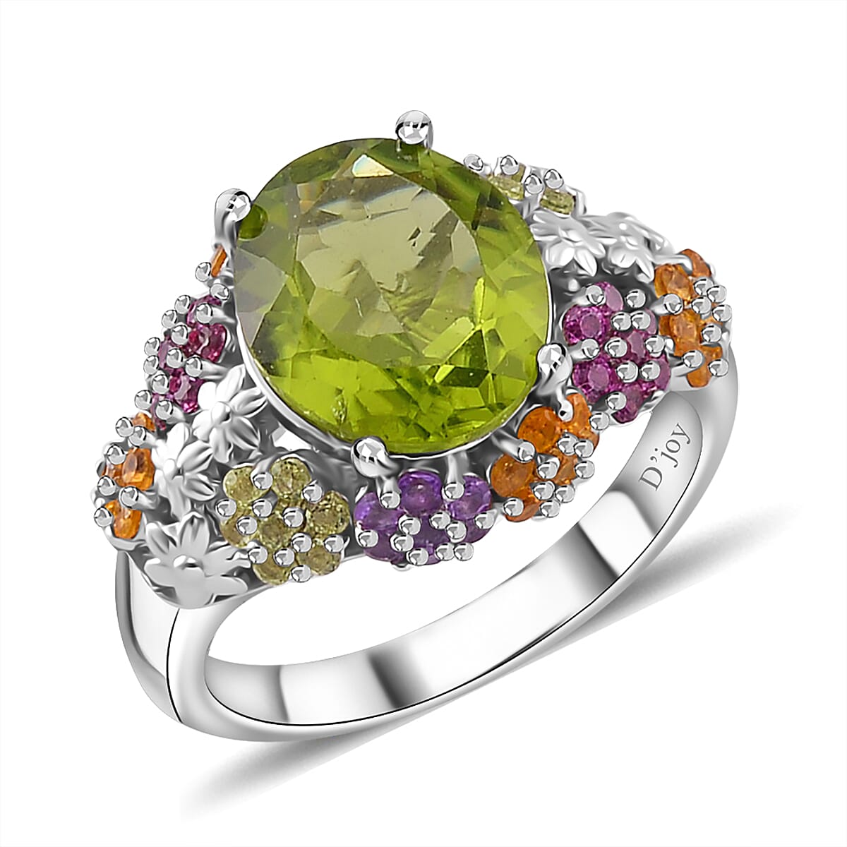 Peridot and Multi Gemstone 5.90 ctw Ring in Rhodium Over Sterling Silver