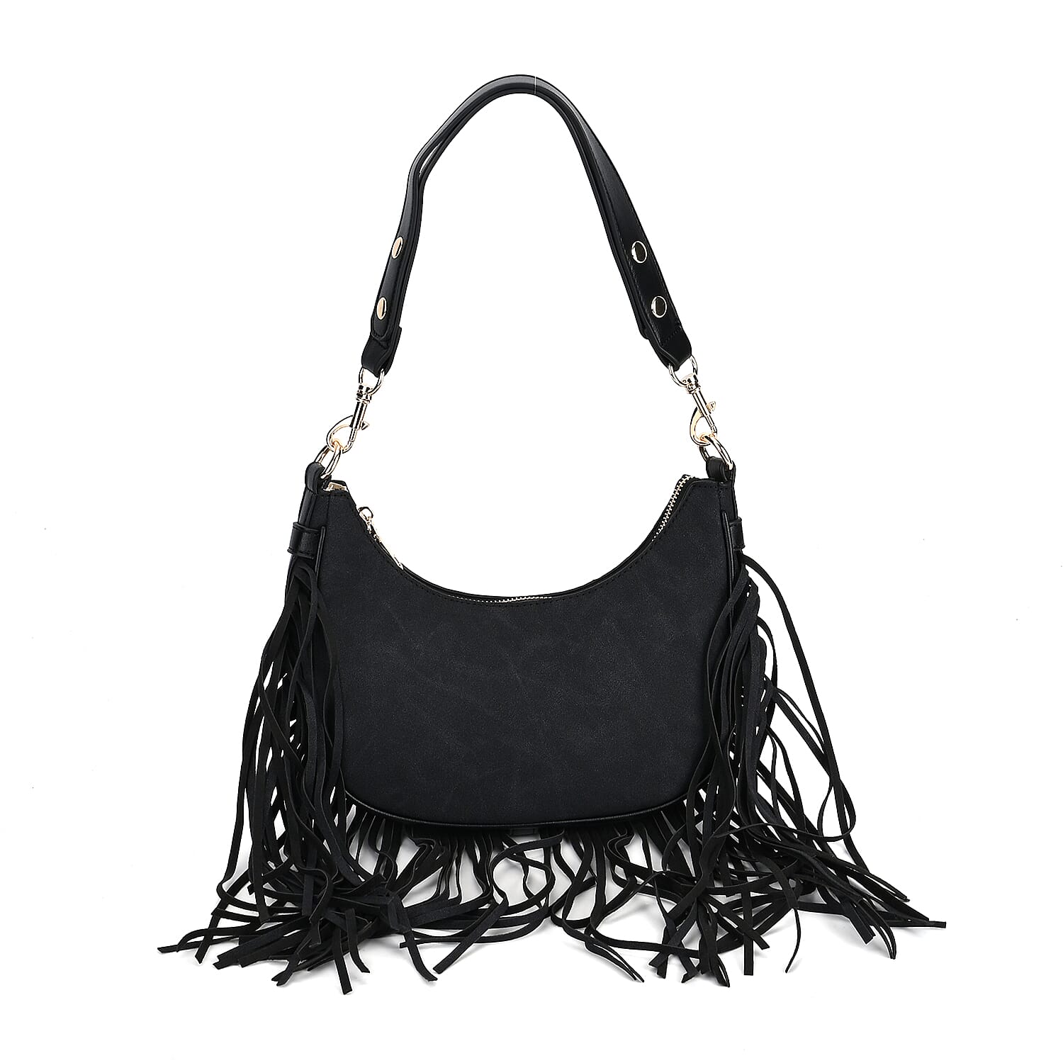 Black Faux Leather Shoulder Bag (9.5"x2.8"x6.7") with Tassel