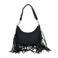 Black Faux Leather Shoulder Bag (9.5"x2.8"x6.7") with Tassel - Sticky add to cart bar