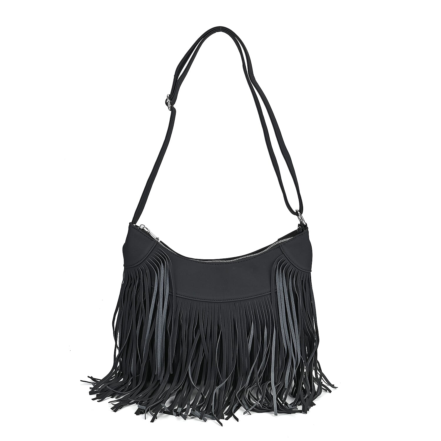 Black Faux Leather Shoulder Bag (13.4"x1.9"x11.4") with Tassel