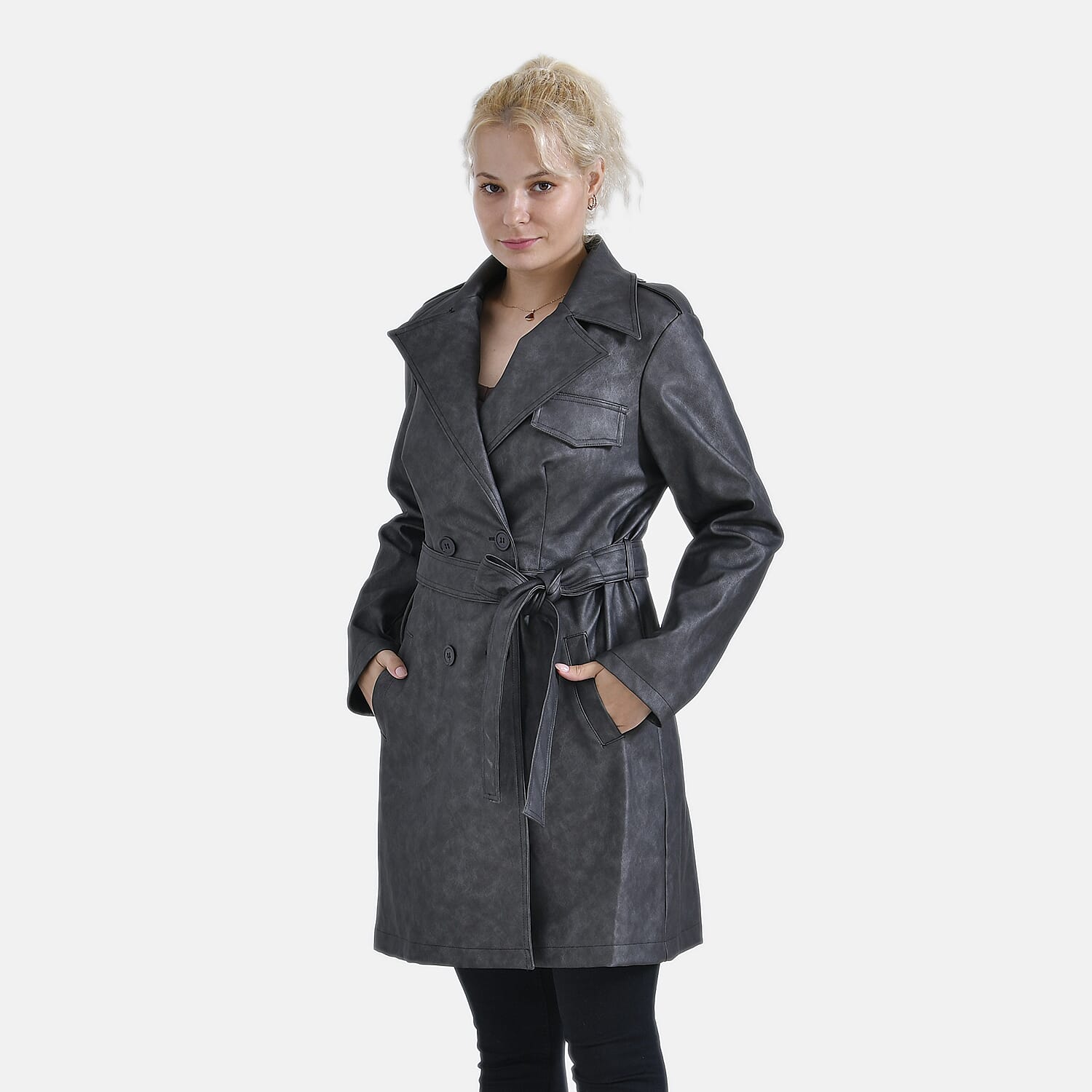 Doorbuster Gray Faux Leather Full Sleeve Long Jacket - S