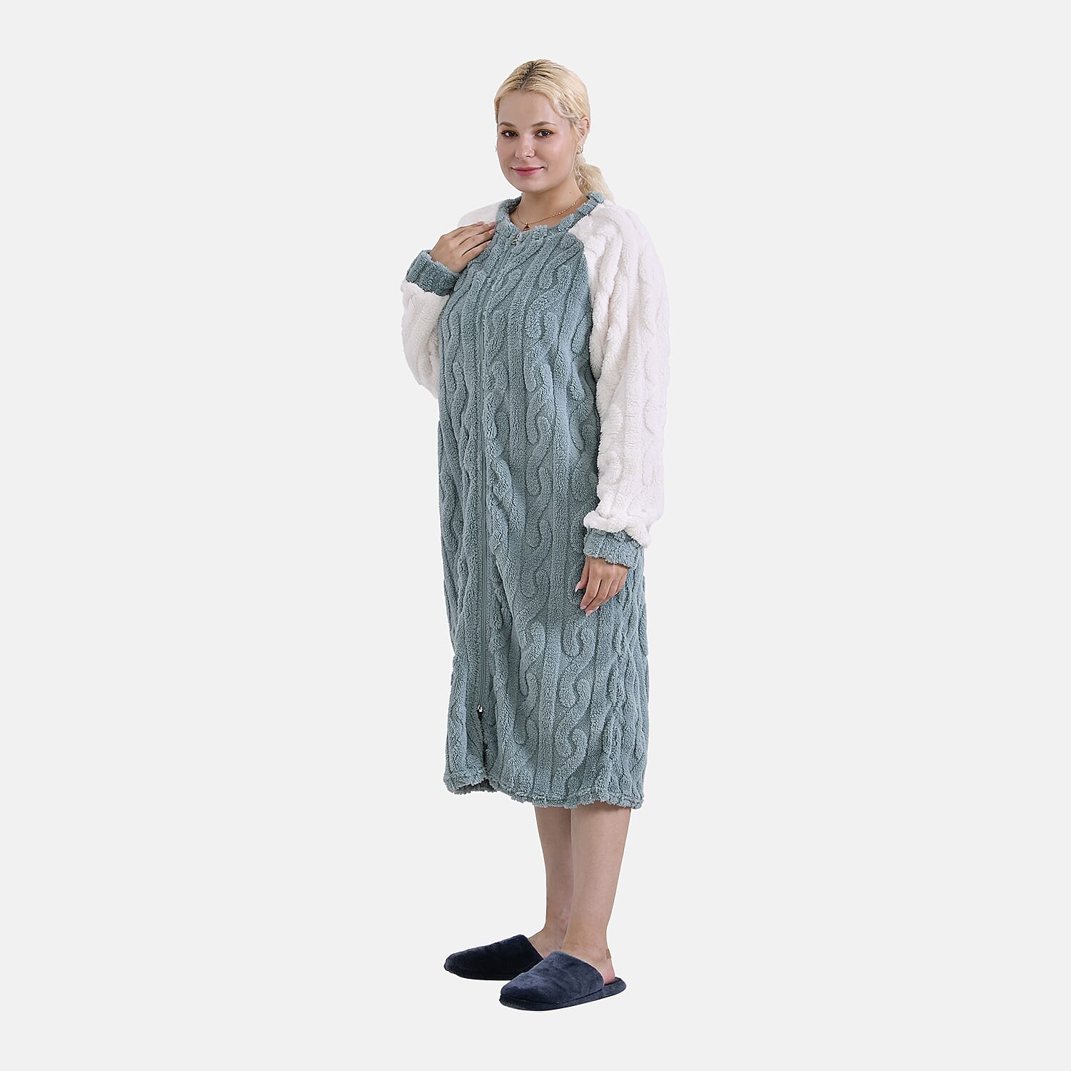 Seafoam and White Polyester Fluffy Button-up House Lounger with 2 Pocket (24"x44")