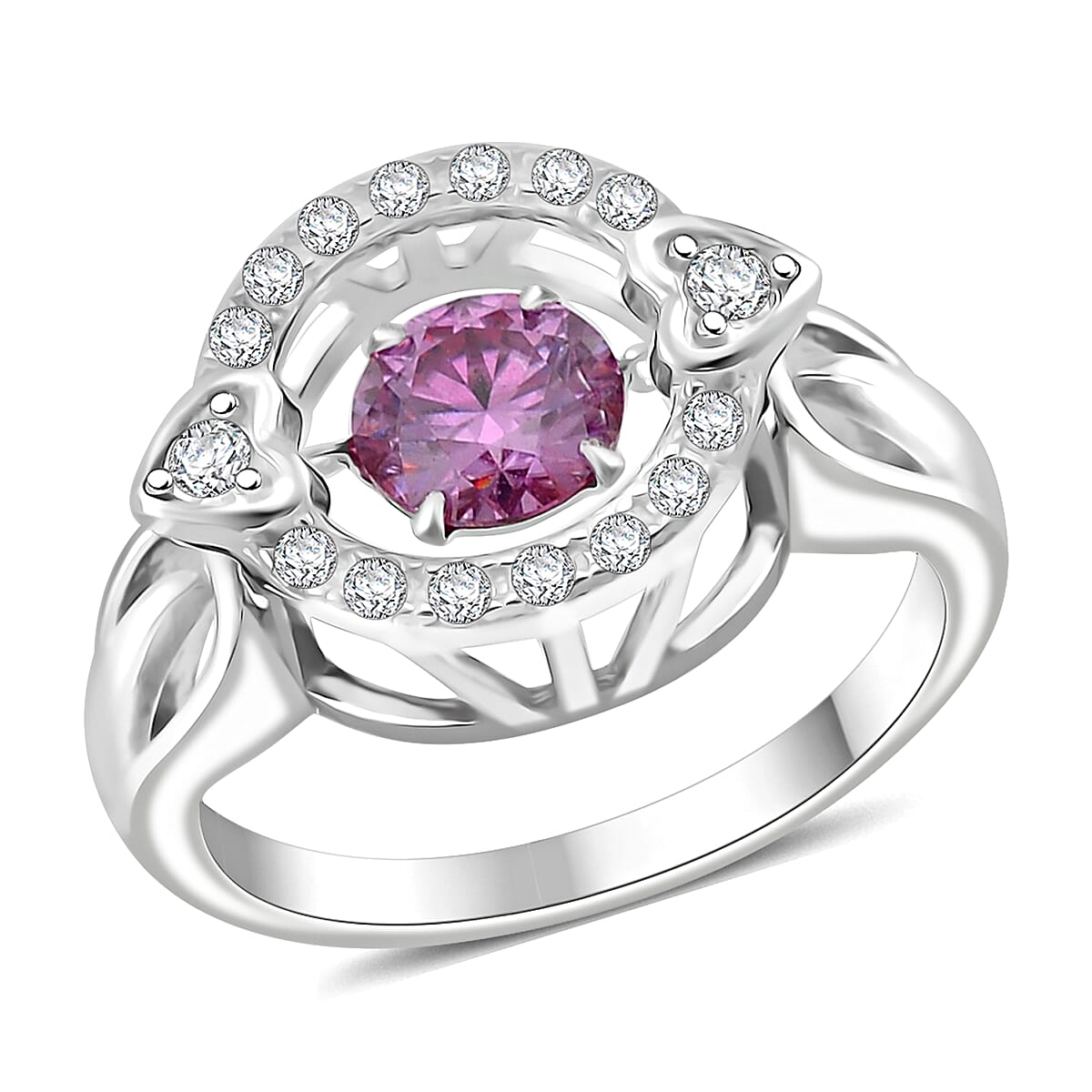 Pink Moissanite (Rnd 6mm), Moissanite Heart Dancing Ring in Rhodium Over Sterling Silver (Size 10.0) 1.10 ctw