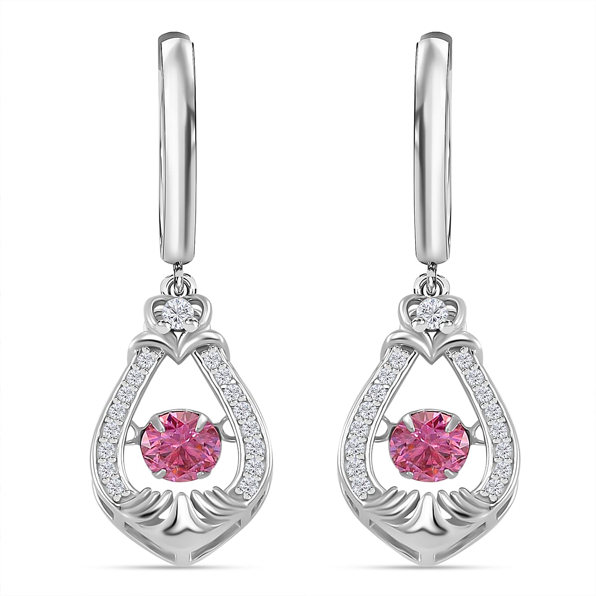 Pink and White Moissanite 1.15 ctw Heart Dancing Earrings in Rhodium Over Sterling Silver