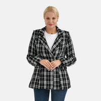 Black Plaid Pattern Faux Leather Finely Knit Formal Blazer - S