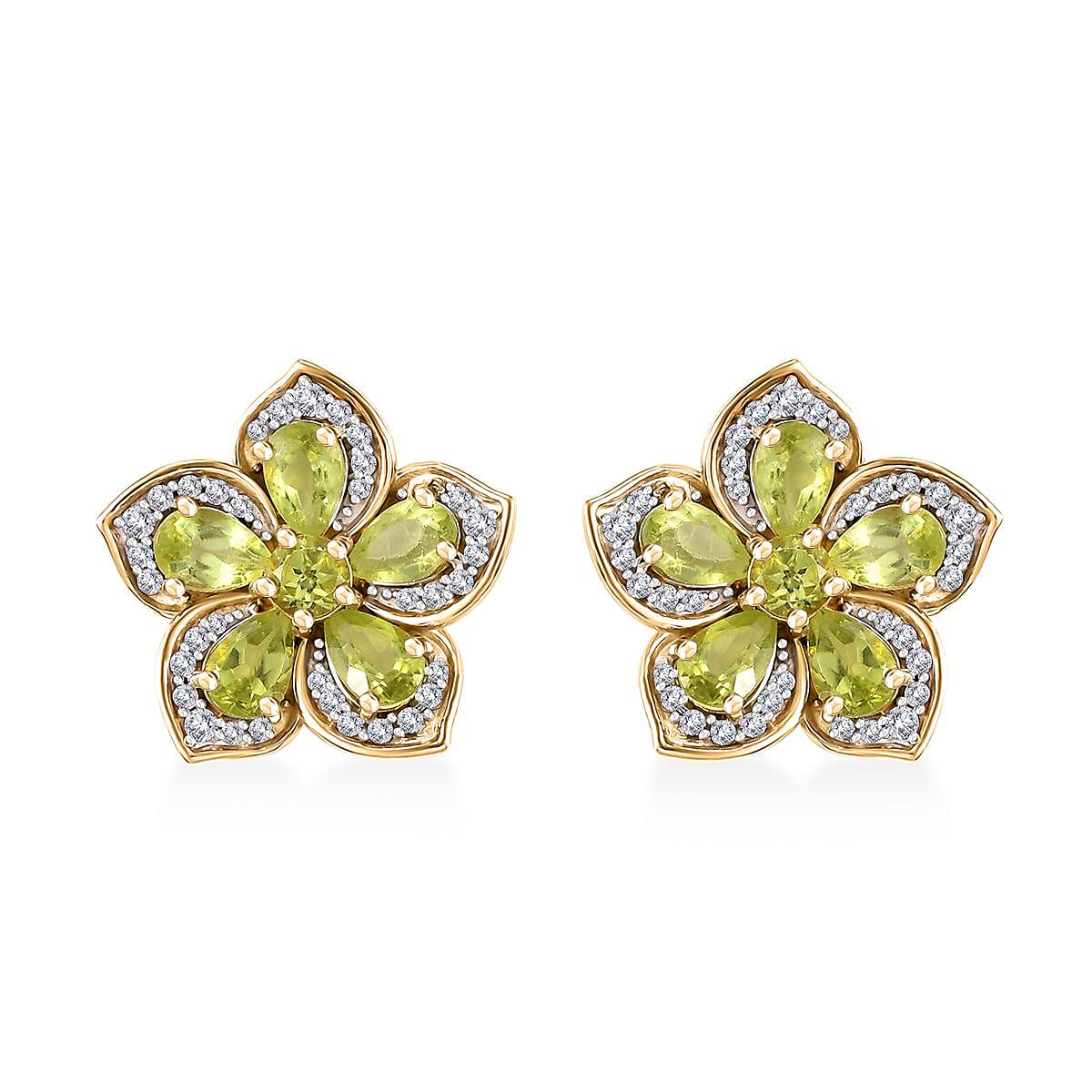 Premium Hebei Peridot and White Zircon 5.70 ctw Flower Earrings in 18K Vermeil Yellow Gold Over Sterling Silver
