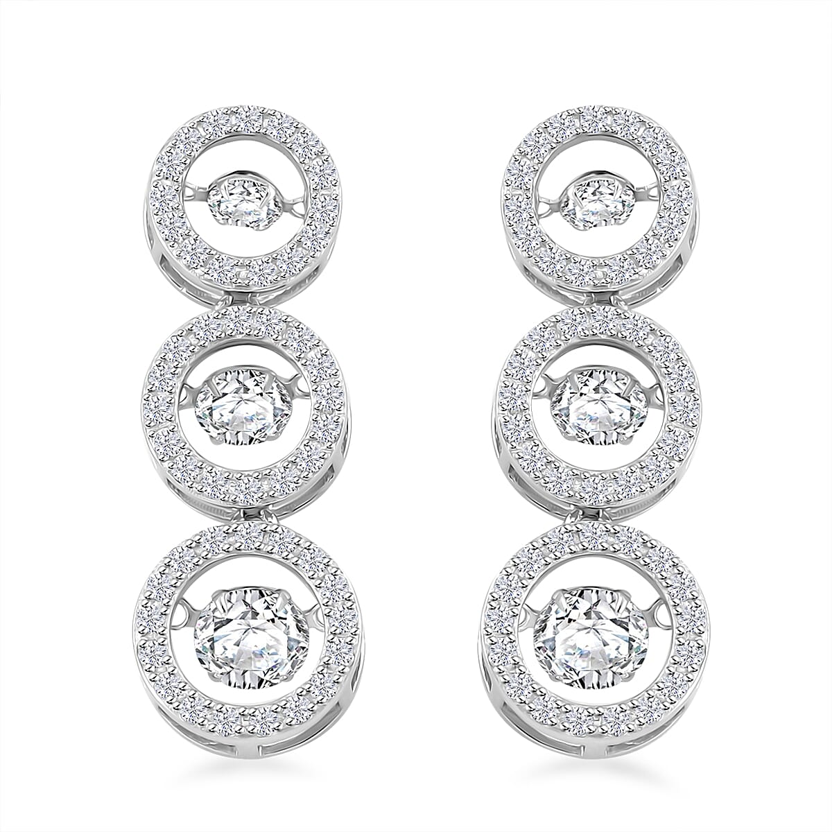 Moissanite 5.00 ctw 3 Halo Dancing Earrings in Rhodium Over Sterling Silver