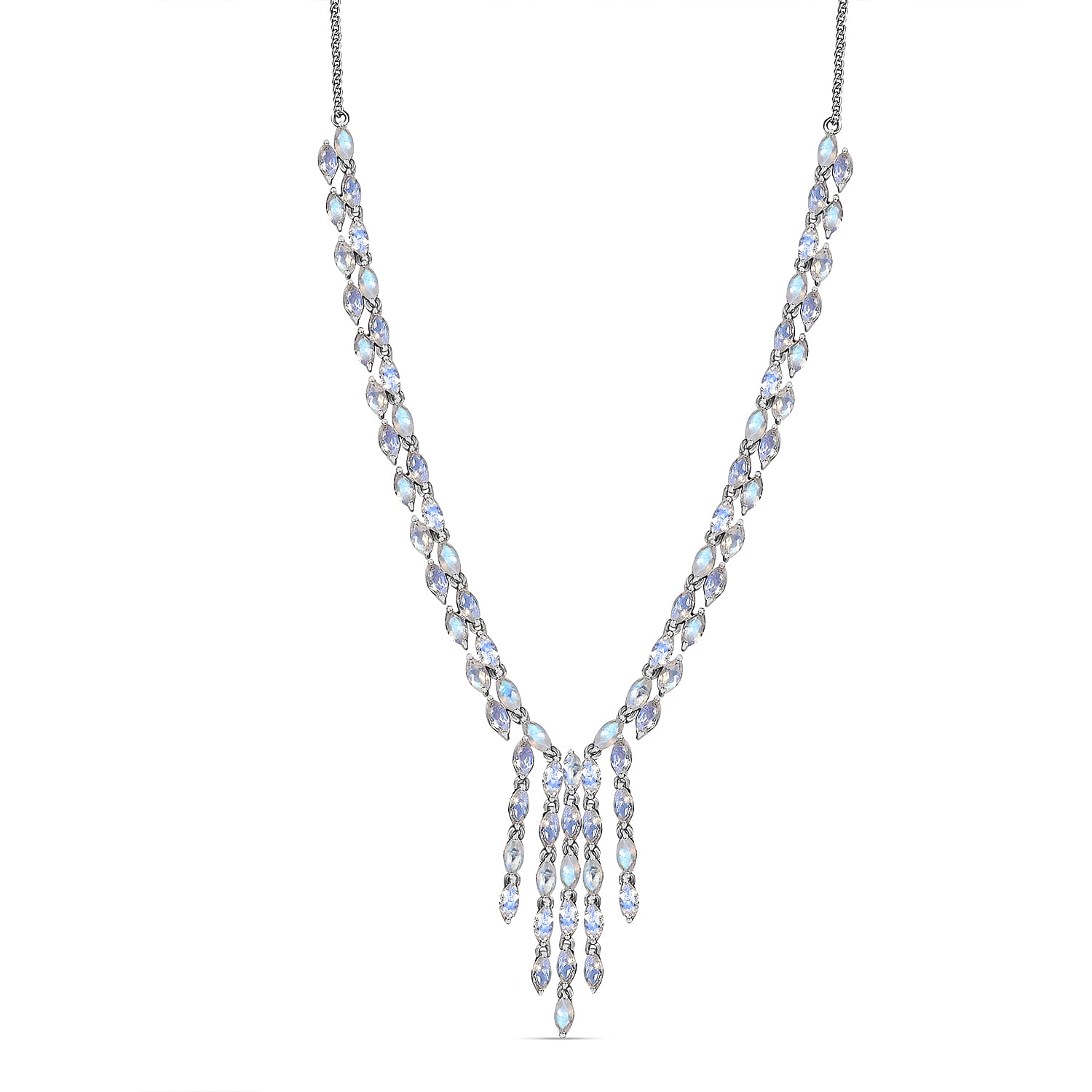 D'Joy Premium Moon Glow Moonstone 8.20 ctw Moonlight Waterfall Necklace in Rhodium Over Sterling Silver 18-20 Inches