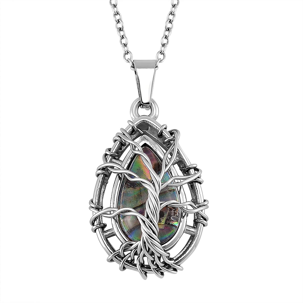 Abalone Shell Tree of Life Necklace (20-22 Inches) in Stainless Steel