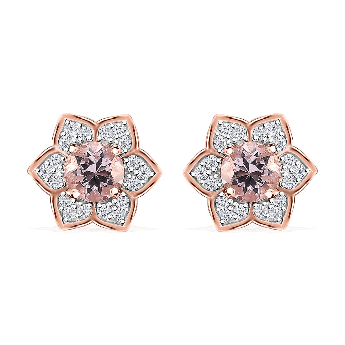Pink Morganite and Moissanite 1.40 ctw Bloom Flower Earrings in 18K Vermeil Rose Gold Over Sterling Silver