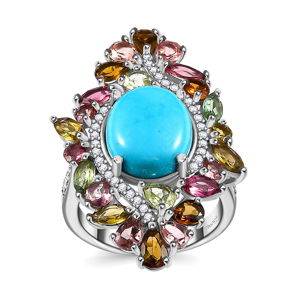 TLV Premium Sleeping Beauty Turquoise, Multi Gemstone Ring in Rhodium Over Sterling Silver (Size 10.0) 7.00 ctw