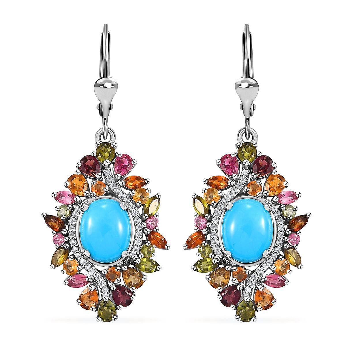 Sleeping Beauty Turquoise, Multi Gemstone Floral Earrings in Rhodium Over Sterling Silver 12.15 ctw