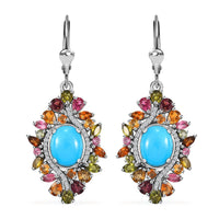 Sleeping Beauty Turquoise, Multi Gemstone Floral Earrings in Rhodium Over Sterling Silver 12.15 ctw