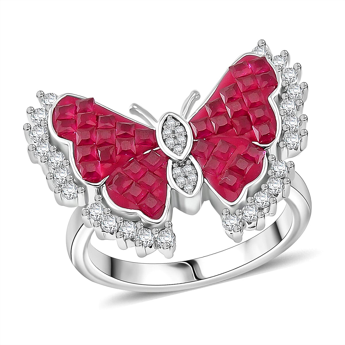 Simulated White and Ruby Color Diamond Butterfly Ring in Rhodium Over Sterling Silver (Size 10.0) 2.00 ctw