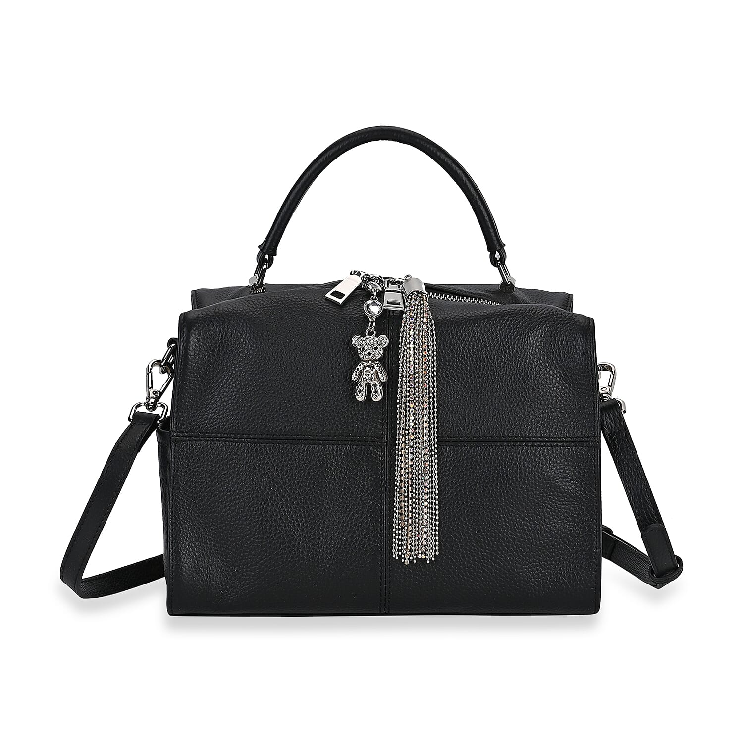 Black Genunie Leather Crossbody Bag with Bear Charm and Tassel (9.8"x5.1"x7") Handle Drop (3.9") and Two Shoulder Strap