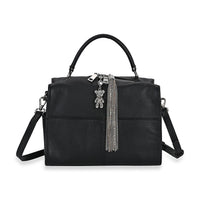Black Genunie Leather Crossbody Bag with Bear Charm and Tassel (9.8"x5.1"x7") Handle Drop (3.9") and Two Shoulder Strap