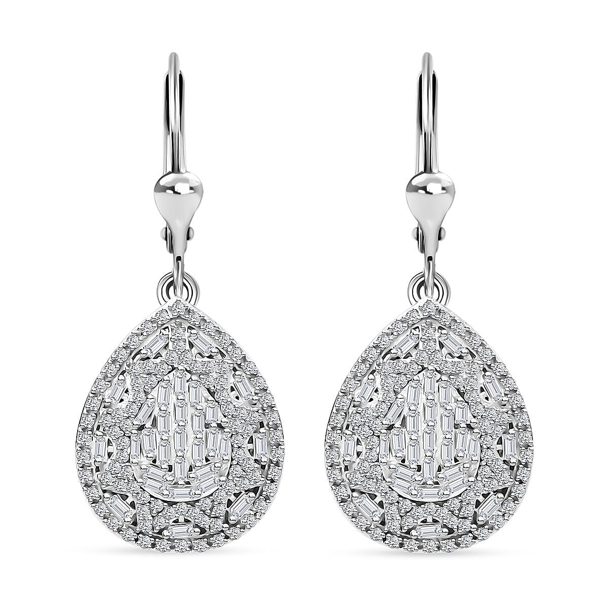 White Diamond 1.00 ctw Lever Back Earrings in Rhodium Over Sterling Silver