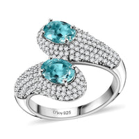 Lagoon Apatite, Moissanite Bypass Ring in Rhodium Over Sterling Silver (Size 8.0) 3.50 ctw