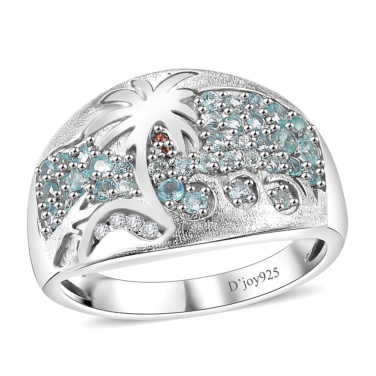 Lagoon Apatite, Brown and White Zircon Ring in Rhodium Over Sterling Silver (Size 10.0) 0.85 ctw