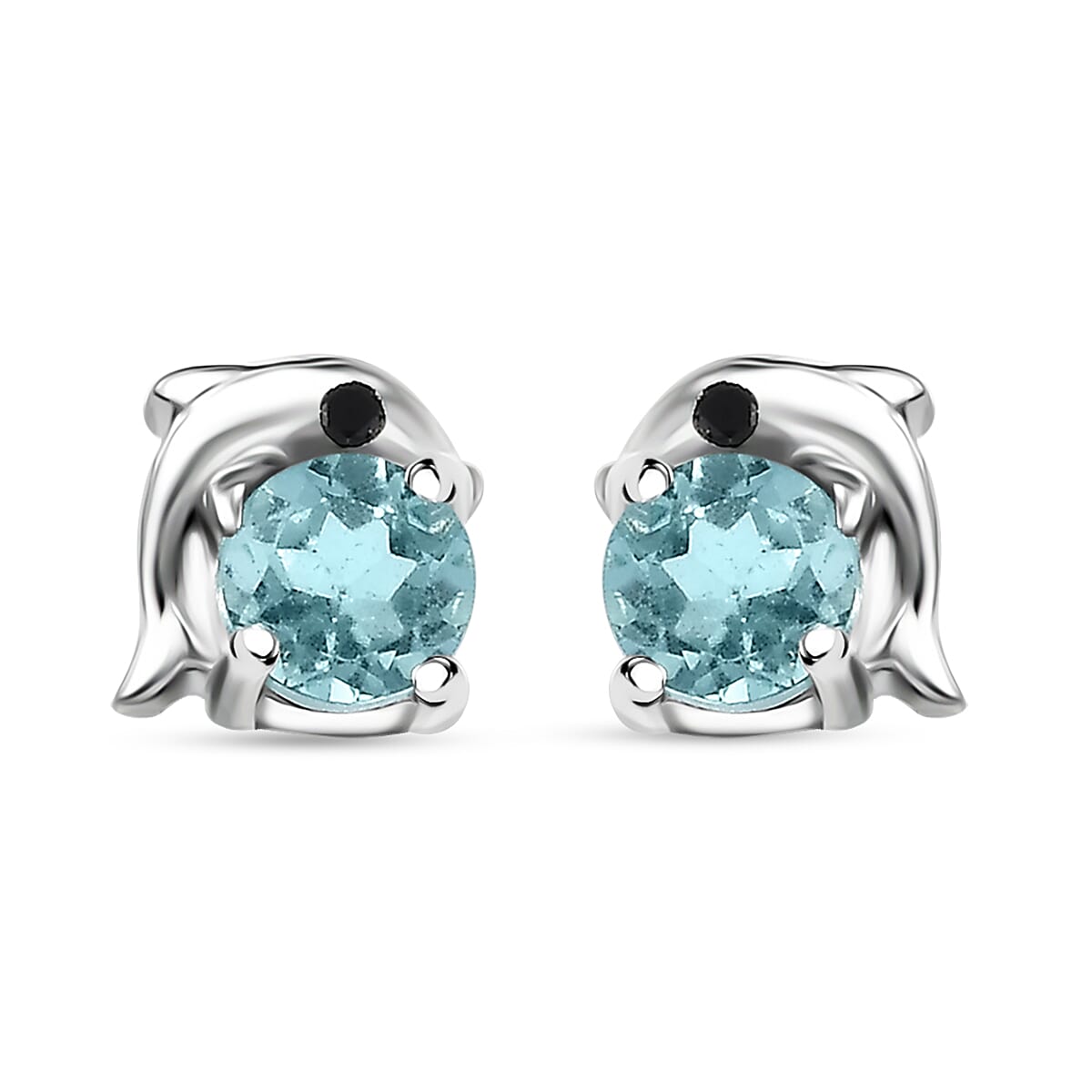 D'Joy Madagascar Lagoon Apatite and Thai Black Spinel 0.60 ctw Dolphin Earrings in Rhodium Over Sterling Silver
