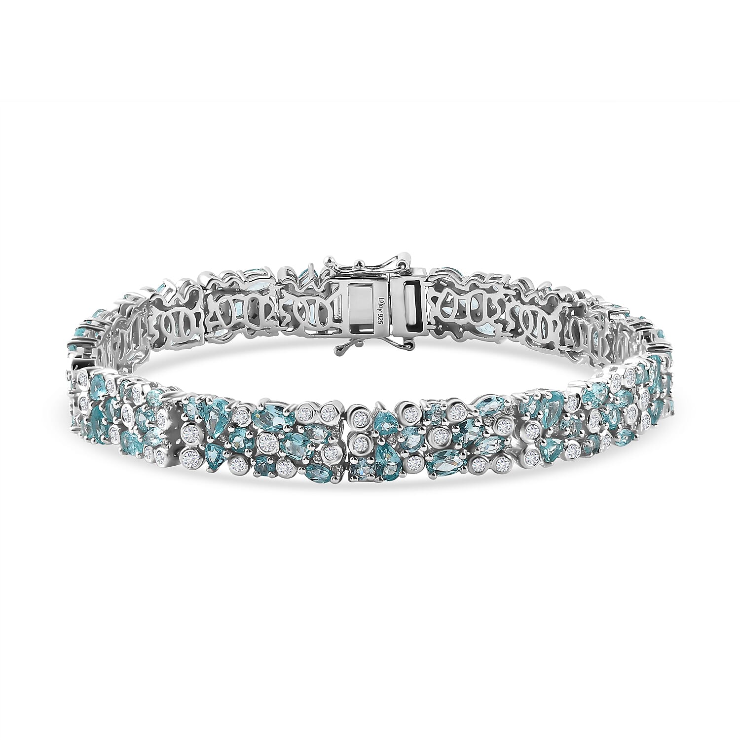 Madagascar Lagoon Apatite and Moissanite 12.85 ctw Ocean Bubble Bracelet in Rhodium Over Sterling Silver (6.50 In)