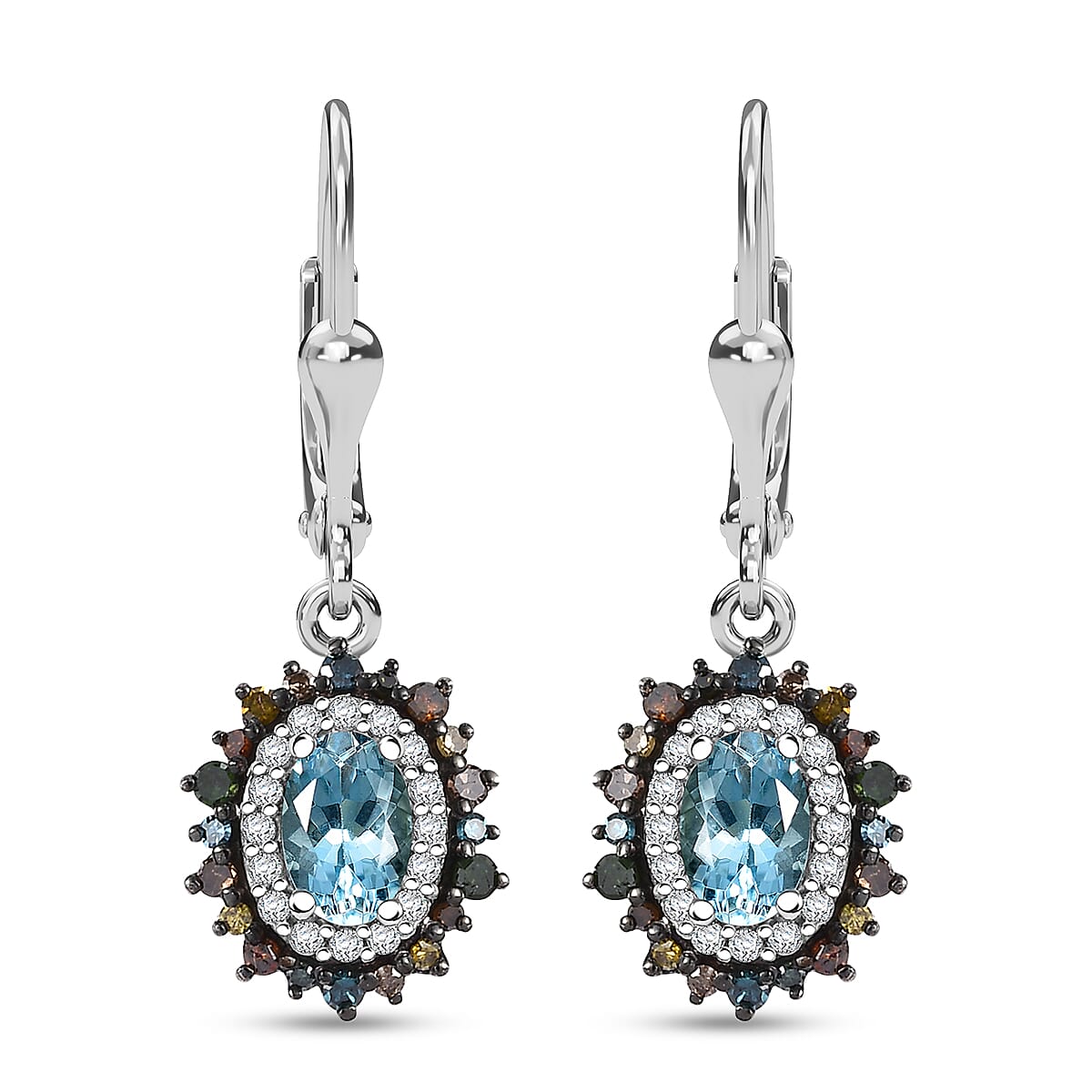 Santa Maria Aquamarine and Multi Color Diamond 1.40 ctw Ocean Blossom Earrings in Rhodium Over Sterling Silver