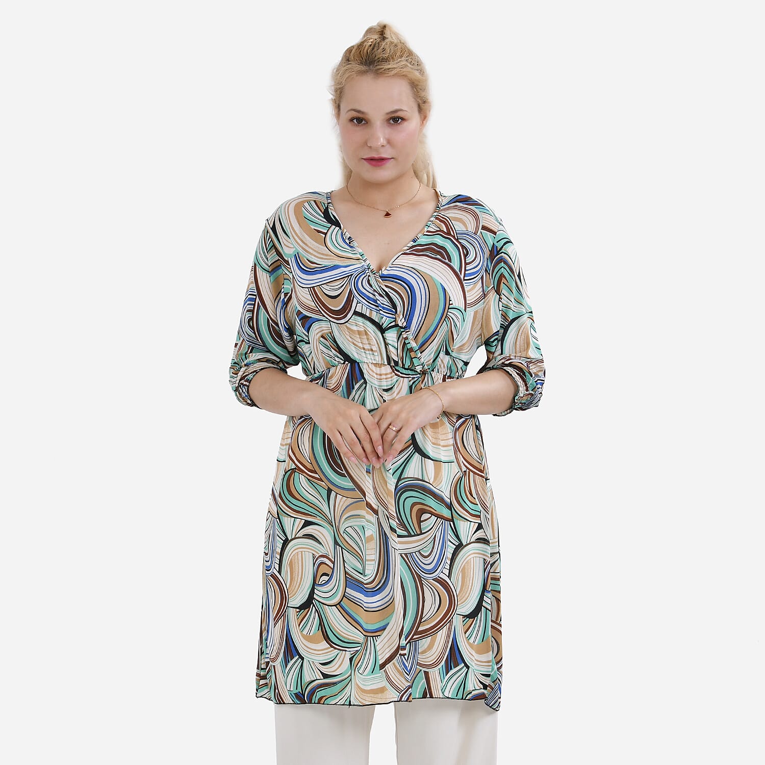 TAMSY Gold Floral Elastic Waist 3/4 Sleeve V-Neck Tunic - One Size Fits Most