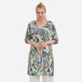 TAMSY Gold Floral Elastic Waist 3/4 Sleeve V-Neck Tunic - One Size Fits Most - Sticky add to cart bar