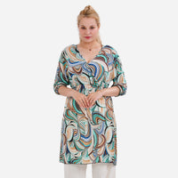 TAMSY Gold Floral Elastic Waist 3/4 Sleeve V-Neck Tunic - One Size Fits Most
