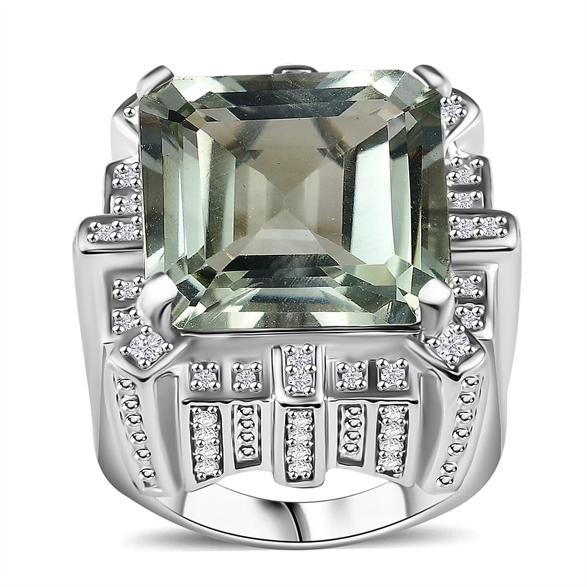 GP Royal Art Deco Collection Montezuma Prasiolite, White Zircon Ring in Rhodium Over Sterling Silver (Size 10.0) 18.15 ctw