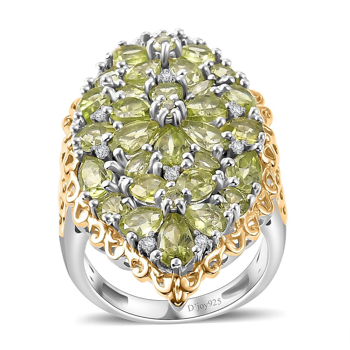 Peridot, White Zircon Cluster Ring in 18K Vermeil YG and Rhodium Over Sterling Silver (Size 10.0) 5.60 ctw