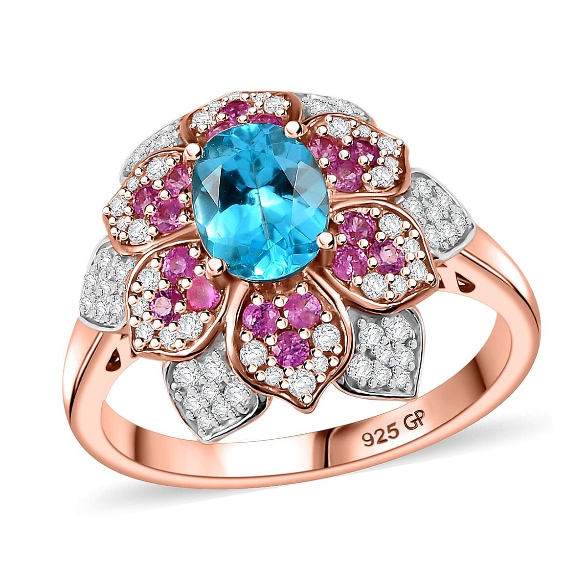 GP Betroka Blue Apatite, Multi Gemstone Flower Ring in 18K Vermeil RG Over Sterling Silver (Size 10.0) 2.75 ctw