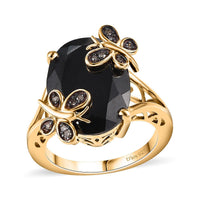 Thai Black Spinel, Natural Champagne Diamond Ring in 18K Vermeil YG Over Sterling Silver (Size 10.0) 11.10 ctw