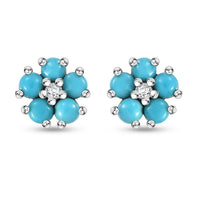 Sleeping Beauty Turquoise and White Zircon 1.35 ctw Floral Stud Earrings in Rhodium Over Sterling Silver