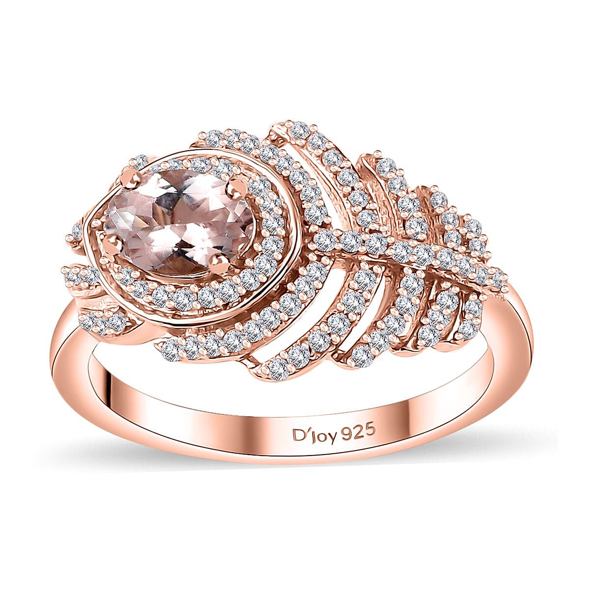 Pink Morganite, Moissanite Peacock Feather Ring in 18K Vermeil RG Over Sterling Silver (Size 7.0) 1.30 ctw