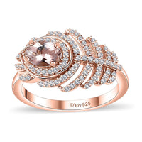 Pink Morganite, Moissanite Peacock Feather Ring in 18K Vermeil RG Over Sterling Silver (Size 7.0) 1.30 ctw