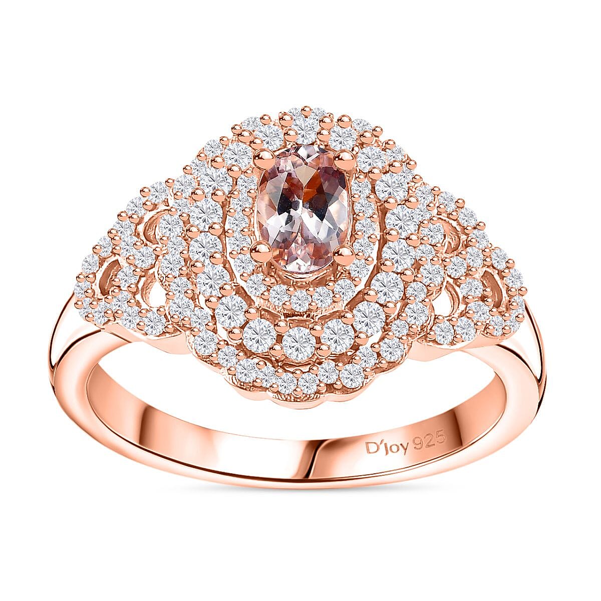 Pink Morganite, Moissanite Cocktail Ring in 18K Vermeil RG Over Sterling Silver (Size 8.0) 1.20 ctw