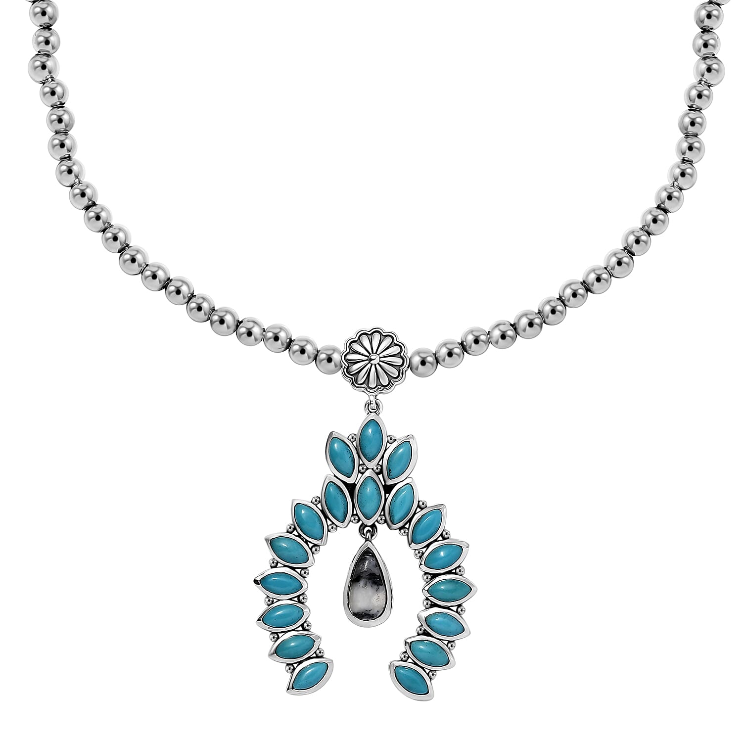 D'Joy Artisan Crafted White Buffalo and Sleeping Beauty Turquoise 6.00 ctw Squash Blossom Necklace in Black Oxidized Sterling Silver 18 Inches