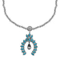 D'Joy Artisan Crafted White Buffalo and Sleeping Beauty Turquoise 6.00 ctw Squash Blossom Necklace in Black Oxidized Sterling Silver 18 Inches - Sticky add to cart bar