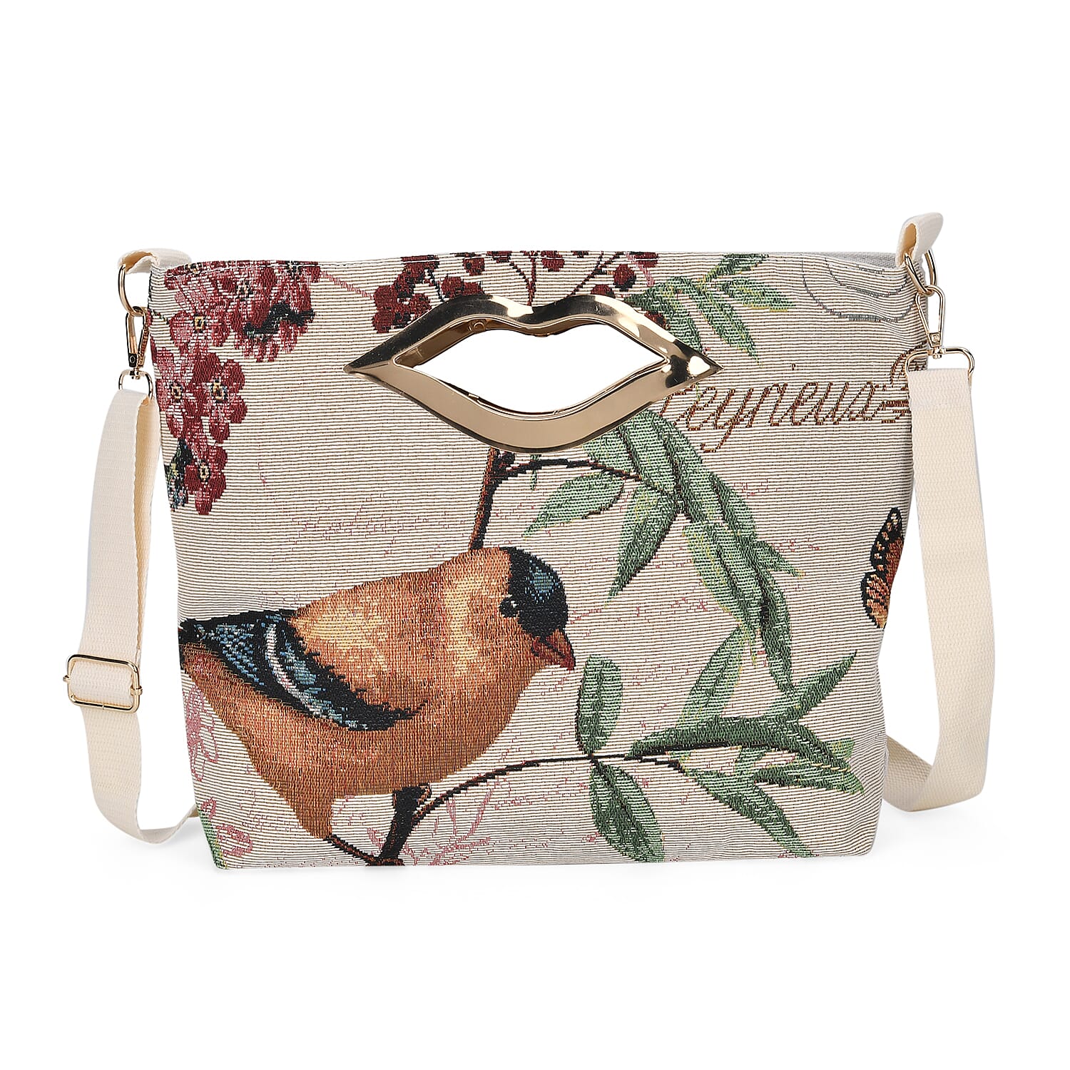 Beige, Bird and Flowers Jacquard Crossbody Bag (15.35"x3.9"x 11.4") with Adjustable Shoulder Strap (47.24")