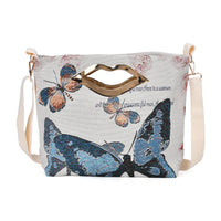Beige, Bird and Flowers Jacquard Crossbody Bag (15.35"x3.9"x 11.4") with Adjustable Shoulder Strap (47.24")