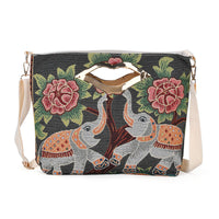 Beige, Bird and Flowers Jacquard Crossbody Bag (15.35"x3.9"x 11.4") with Adjustable Shoulder Strap (47.24")