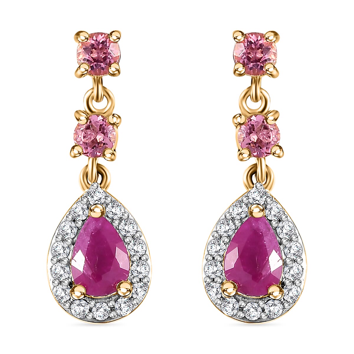 Premium Royal Ruby and Multi Gemstone 1.85 ctw Halo Drop Earrings in 18K Vermeil Yellow Gold Over Sterling Silver