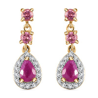 Premium Royal Ruby and Multi Gemstone 1.85 ctw Halo Drop Earrings in 18K Vermeil Yellow Gold Over Sterling Silver