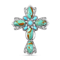 D'Joy Artisan Crafted Royston Turquoise and Sleeping Beauty Turquoise 18.10 ctw Filigree Cross Pendant in Black Oxidized Sterling Silver